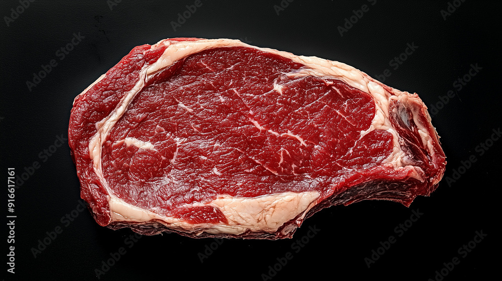 Côte ou entrecôte de bœuf sur fond noir, avec liseré de gras pour son persillage, morceau de boucher de qualité isolé sur fond blanc, vue du dessus Côte ou entrecôte de bœuf sur fond noir, avec liseré de gras pour son persillage, morceau de boucher de qualité isolé sur fond blanc, vue du dessus