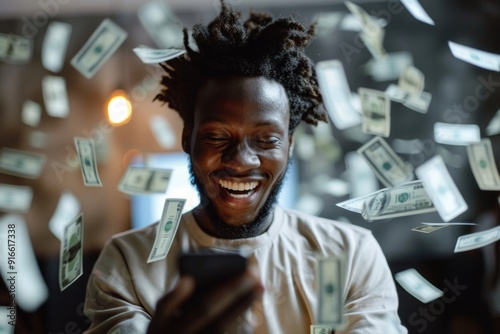 Gaming Addiction: A Growing Crisis Around the World.  Black man embodies joyful confidence surrounded urban charm. Lively demeanor portrays deeper message of positivity and resilience. photo