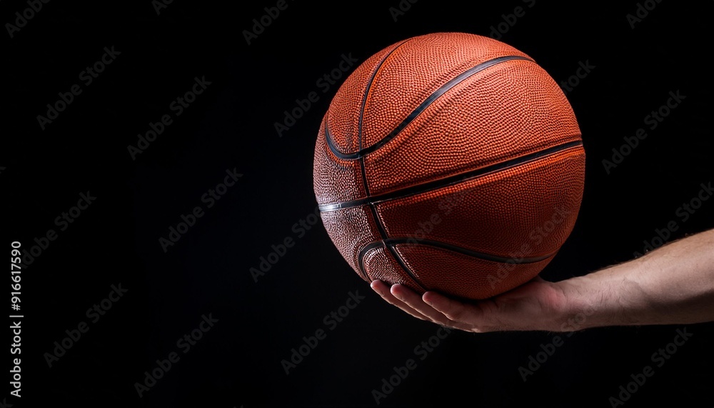 Focus and Precision: Athlete's Hand on Basketball, Black Background