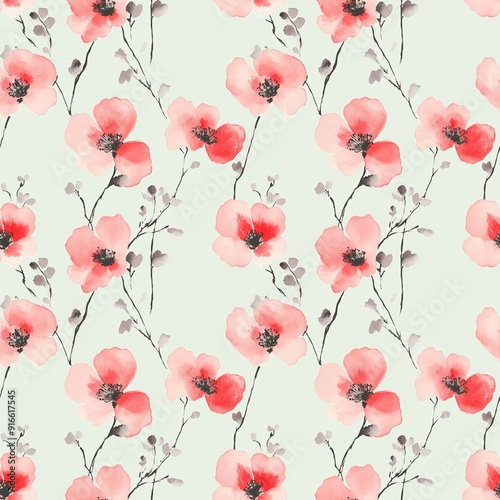 watercolor seamless pattern of small red flowers on a light green background, soft pink and gray color palette, delicate watercolor paints, soft pastel tones
