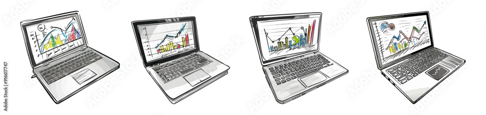 A hand-drawn sketch of four laptops showcasing various colorful graphs and charts on their screens, representing data analysis and business visualization. A hand-drawn sketch of four laptops showcasing various colorful graphs and charts on their screens, representing data analysis and business visualization.