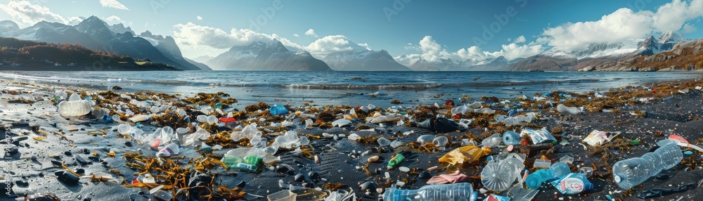 A beach covered in plastic bottles and trash A beach covered in plastic bottles and trash