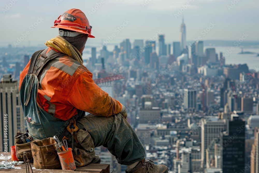 A construction worker in orange safety gear sits on a ledge overlooking a city A construction worker in orange safety gear sits on a ledge overlooking a city