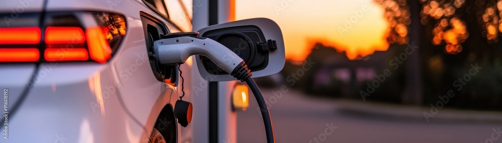 A sleek electric vehicle charging at dusk, showcasing green technology and innovation in urban transportation. A sleek electric vehicle charging at dusk, showcasing green technology and innovation in urban transportation.