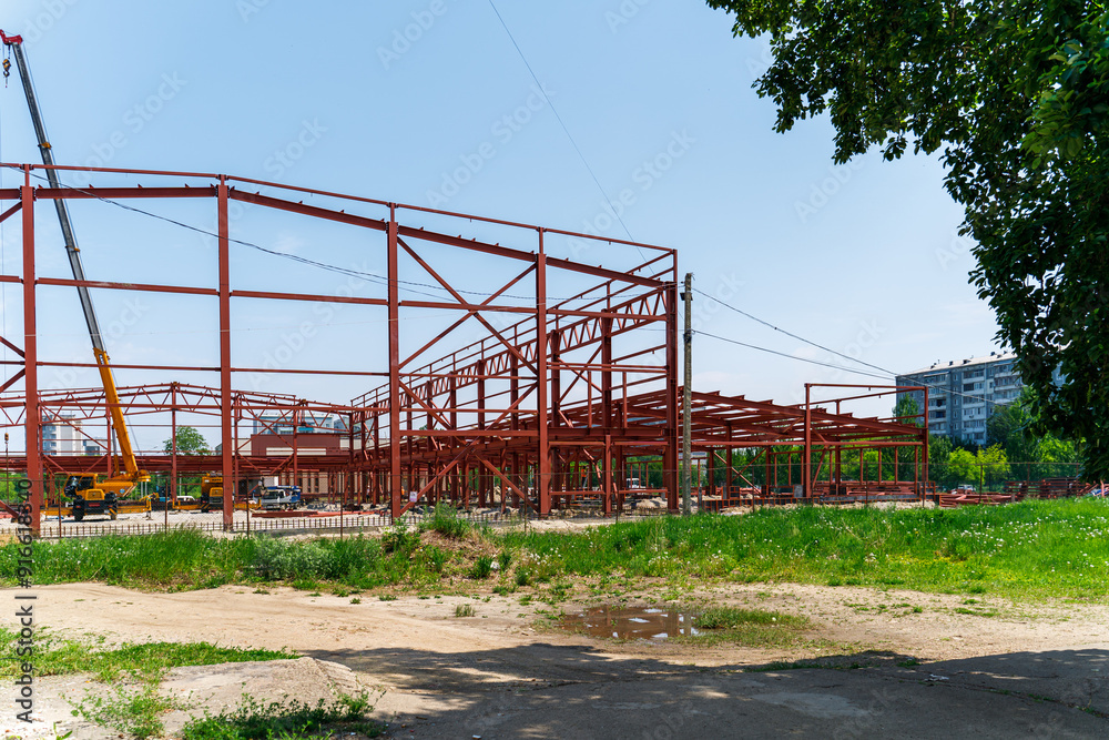 Construction of a building from metal structures. Construction of a building from metal structures.