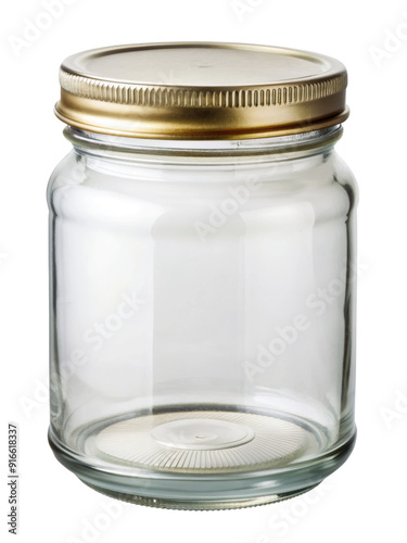 Small clear glass jar with a metal lid, ideal for storing spices, herbs, or small food items. The transparent design allows easy visibility of contents. Isolated on transparent background, png. photo