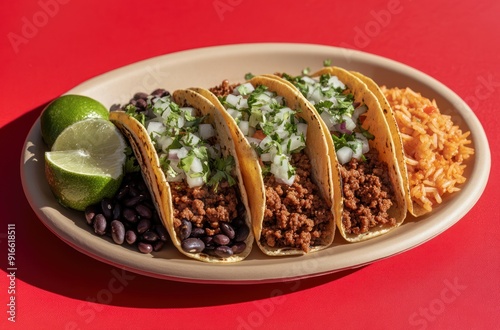 Delicious Mexican Tacos with Ground Beef, Cilantro, and Onions photo