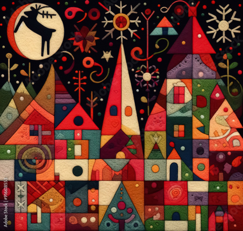 Felt art patchwork, christmas concept, needlepoint, abstract silhouette, expressionist style, colorful holiday