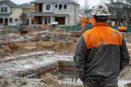 A man in a construction site is wearing a hard hat and an orange vest