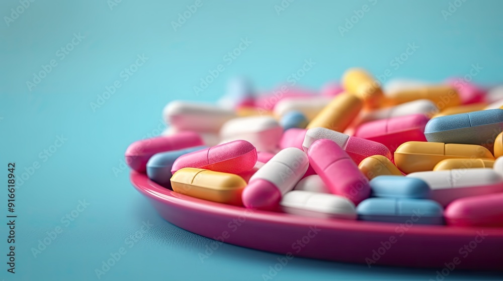 Colorful medicine tablets antibiotic pills on soft background with copy space