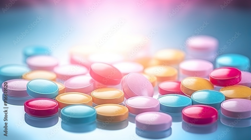 Colorful medicine tablets antibiotic pills on soft background with copy space Colorful medicine tablets antibiotic pills on soft background with copy space