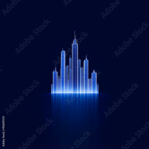 A futuristic cityscape illuminated in blue neon, reflected on a smooth surface. The sleek, modern buildings stand against a dark background, highlighting advanced technology and urban innovation.