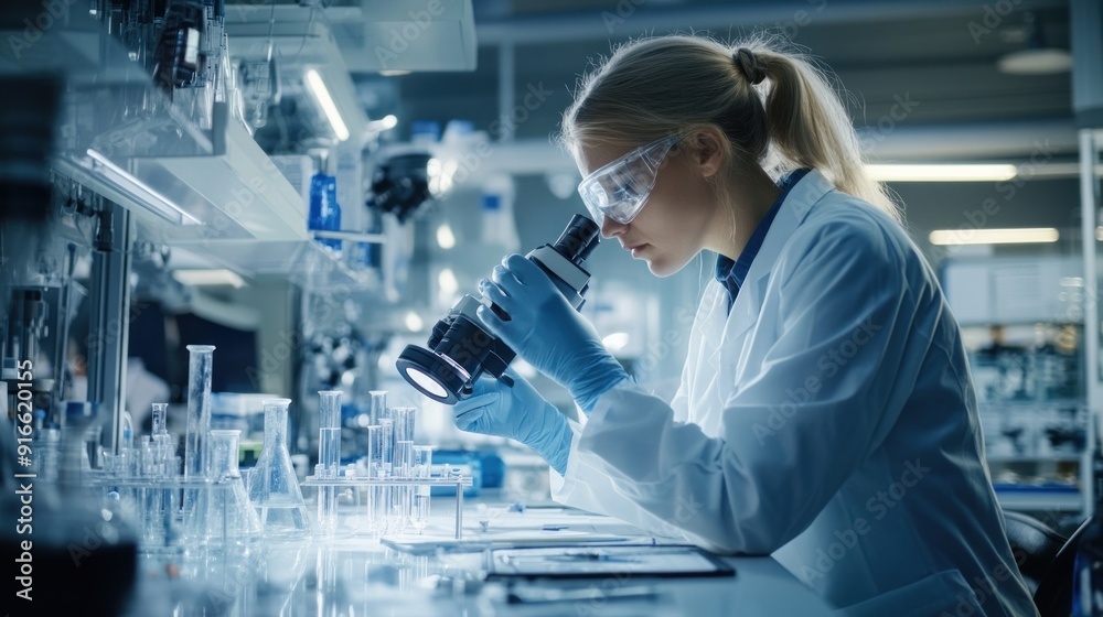 Scientist Examining Samples with Microscope in Laboratory