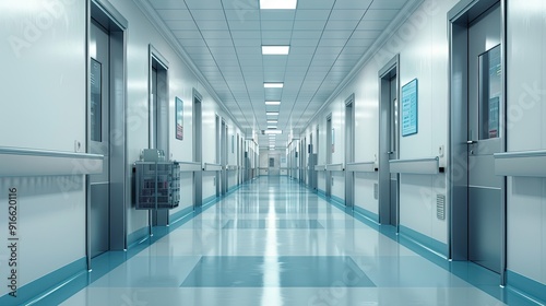 Empty modern hospital corridor, clinic hallway interior background