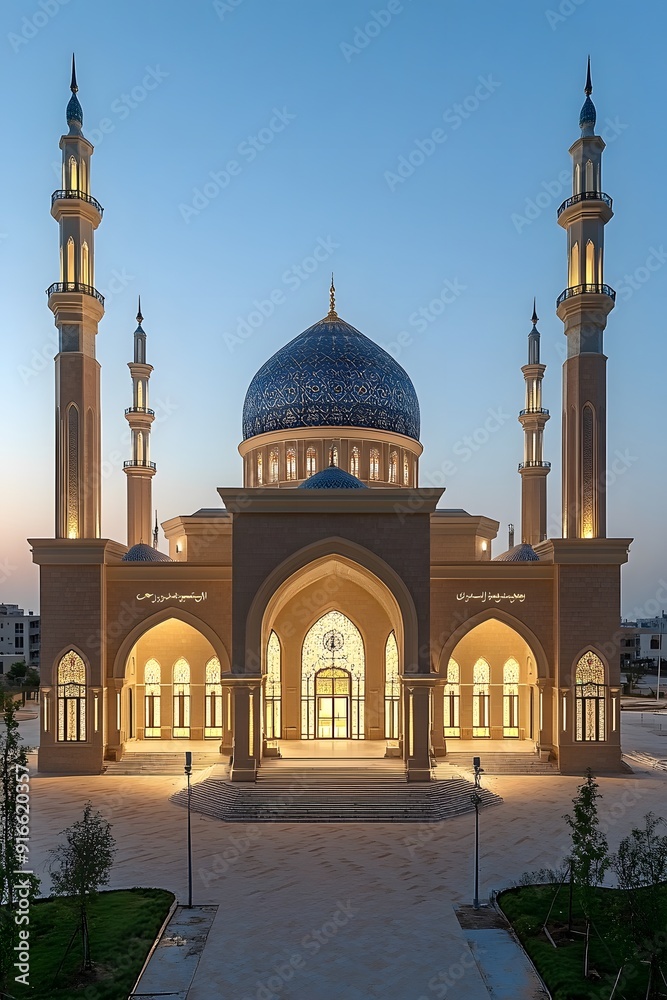 Fototapeta premium Expansive mosque with a central dome and minarets