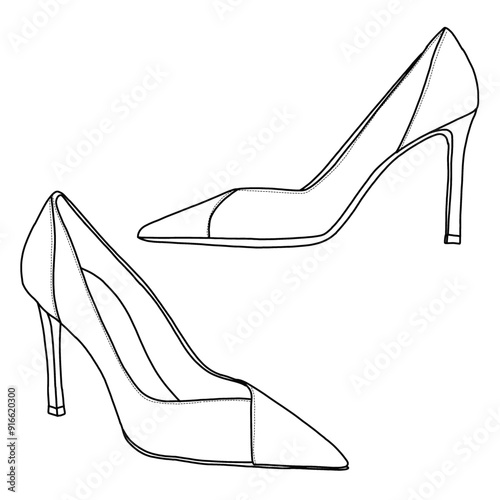 Women's Pointed Toe High Heels Pumps Slip on Dress Shoes line art, Technical sketch hand drawing outline vector doodle illustration, side and isometric view isolated on white background