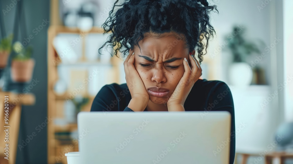 Black woman in an office, worried and sad with hands on her face looking at a laptop screen Black woman in an office, worried and sad with hands on her face looking at a laptop screen