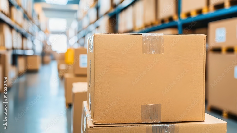 A stack of cardboard boxes in a spacious warehouse, showcasing organized storage and logistics efficiency. A stack of cardboard boxes in a spacious warehouse, showcasing organized storage and logistics efficiency.