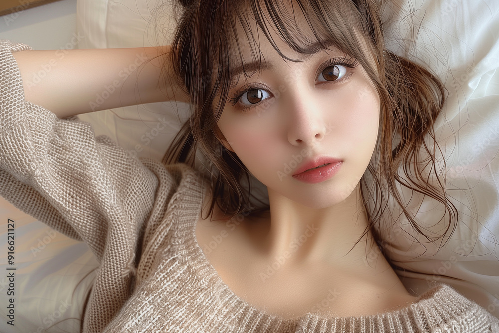 ベッドに寝っ転がるベージュのニットを着た茶髪の女性 ベッドに寝っ転がるベージュのニットを着た茶髪の女性