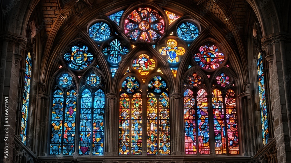Stained glass window in church Stained glass window in church