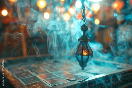 A pendulum swings gently over a blurred altar, with the defocused tarot cards appearing as if they are floating in a cloud of smoke photo