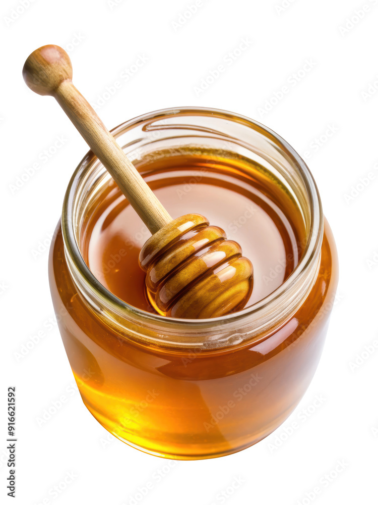 Golden honey in a clear glass jar with a wooden dipper, showcasing the natural sweetness and rich texture of the honey. Isolated on transparent background, png. Golden honey in a clear glass jar with a wooden dipper, showcasing the natural sweetness and rich texture of the honey. Isolated on transparent background, png.
