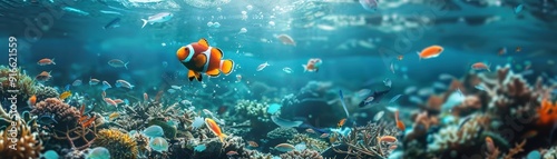 A colorful fish swims in a coral reef