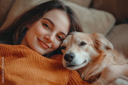 Happy Woman in Orange Sweater Cuddling Her Dog on the Sofa, Close Up Portrait Photograph in the Style of Natural Light Minimalism 