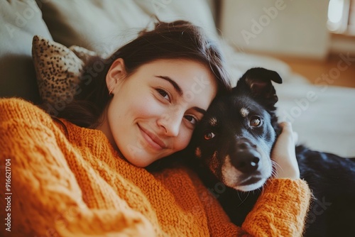 Happy Woman in Orange Sweater Cuddling Her Dog on the Sofa, Close Up Portrait Photograph in the Style of Natural Light Minimalism 