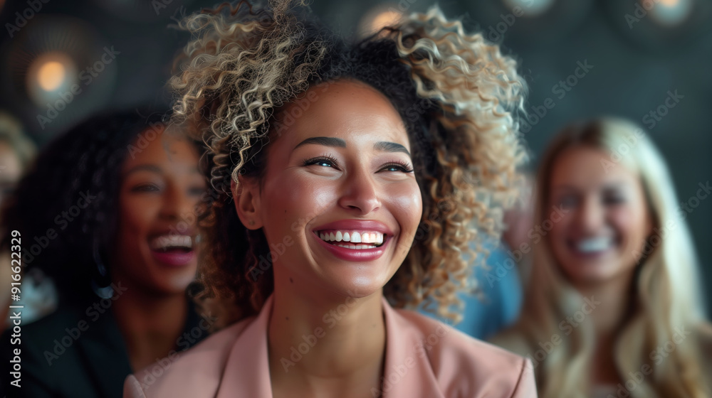 A diverse group of women are smiling and laughing while working together in an office A diverse group of women are smiling and laughing while working together in an office