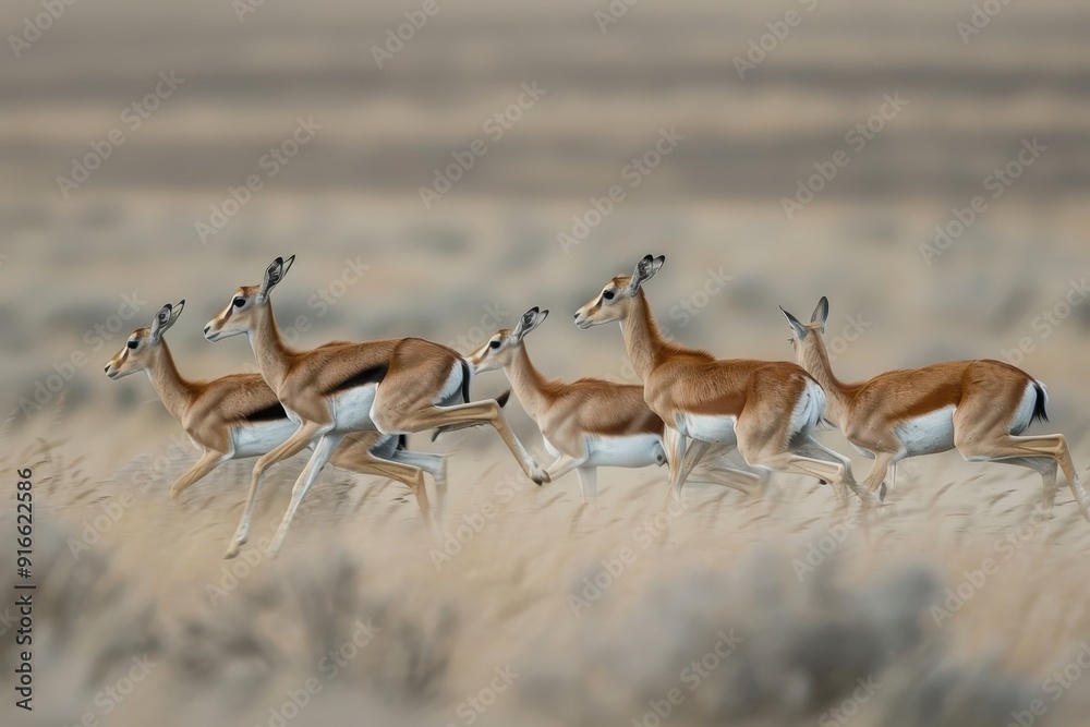 A herd of gazelles running through a field A herd of gazelles running through a field