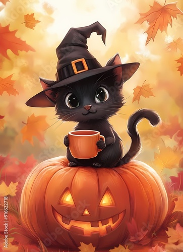 A cute black cat sitting on top of an orange pumpkin wearing a witch hat and holding a coffee cup, with a simple background of fall leaves, using a pastel color palette