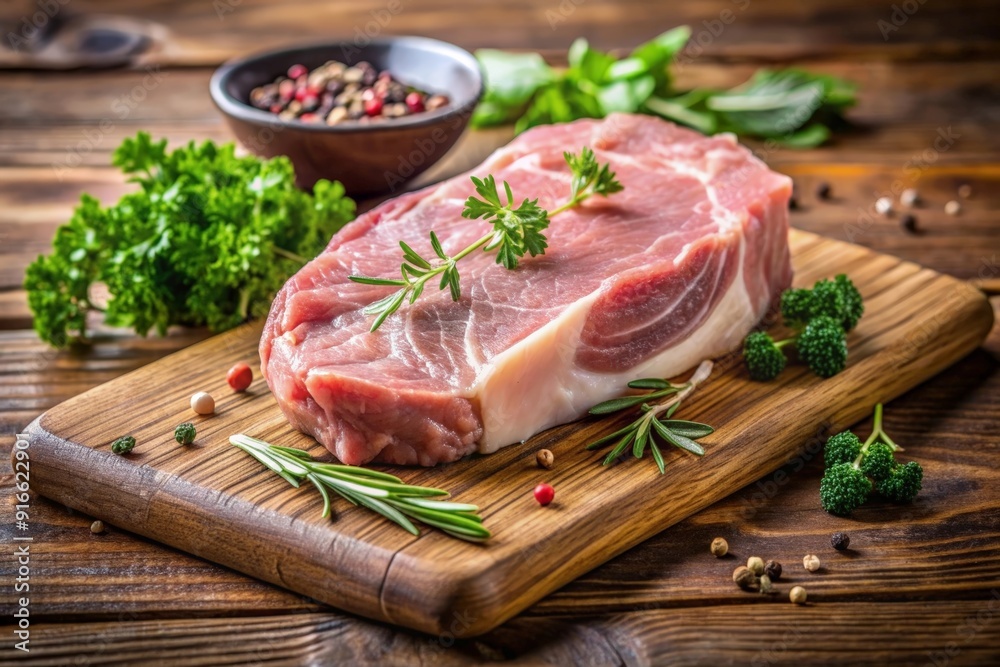 Raw pork steak with herbs around