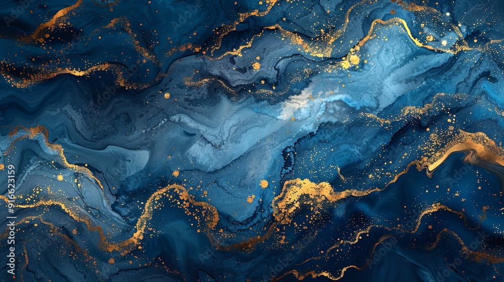 Fototapeta premium Blue Marble with Gold Splashes: Luxurious Abstract Texture Background