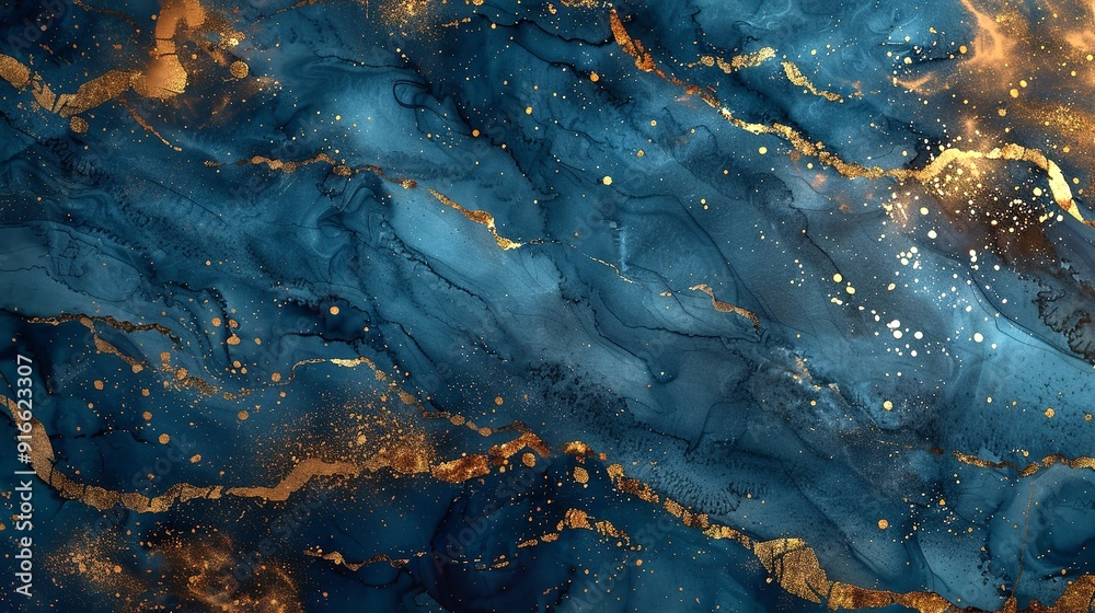 Fototapeta premium Blue Marble with Gold Splashes: Luxurious Abstract Texture Background