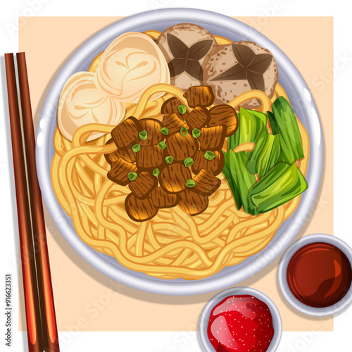Mie Ayam with Bakso, Wonton, Chicken & Caisim Served with Chili Oil & Soy Sauce - Indonesian Cuisine Vector Art 