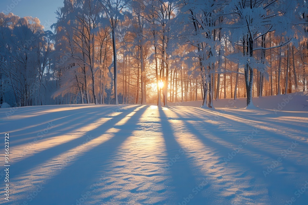 A snowy field with trees in the background and a sun shining through the trees