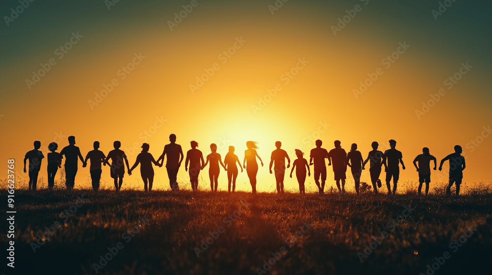 Fototapeta premium Silhouettes of people running towards sunset, feeling of freedom.