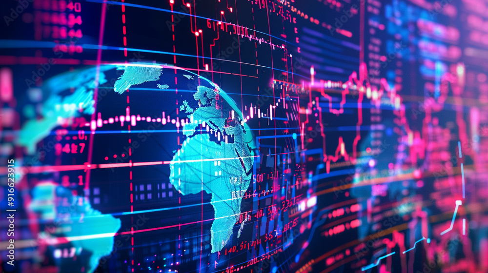 A digital globe surrounded by various currency symbols (dollar, euro, yen, pound) with data streams connecting different continents.
