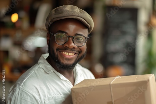 A man wearing glasses and a hat is smiling and holding a cardboard box