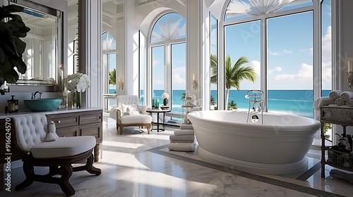 Lavish bathroom retreat by the ocean, featuring exquisite furnishings and unparalleled coastal ambiance photo