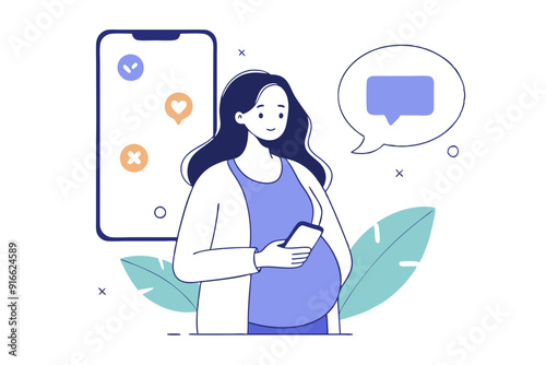 Pregnant Woman Asking Questions- Online Consultation  Line Art Doodle Vector Illustration photo