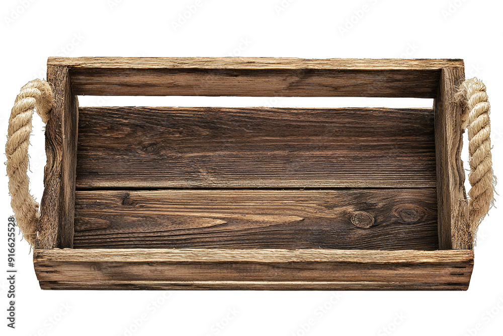 Rustic wooden tray with rope handles, perfect for decor or serving essentials in a cozy home environment.