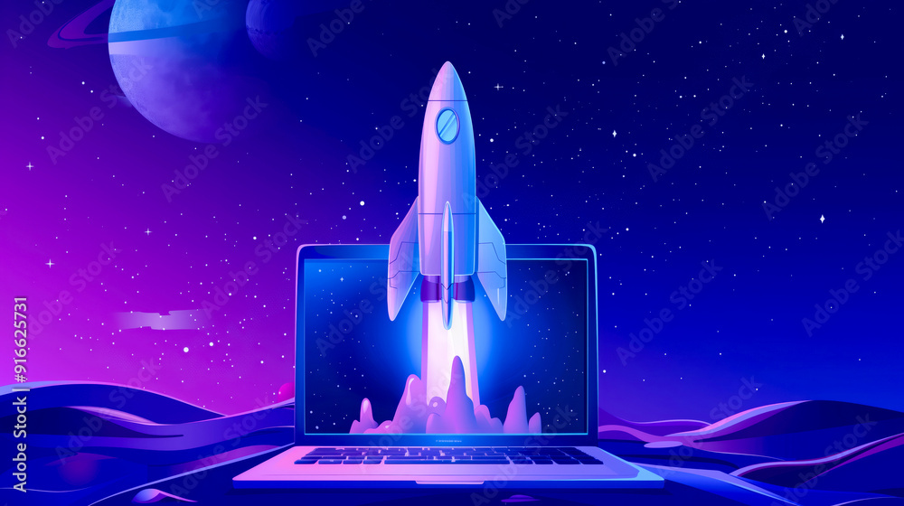 Fototapeta premium A space rocket launching from a laptop screen set against a starry background, symbolizing innovation and the limitless possibilities of technology and creativity in the digital age.