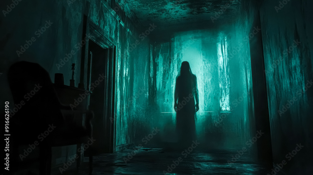 Ghostly figure haunting an abandoned asylum corridor Ghostly figure haunting an abandoned asylum corridor