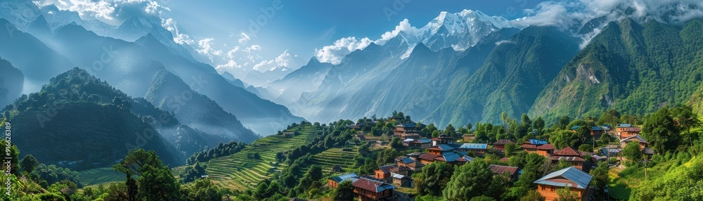 A mountain range with a small village in the valley A mountain range with a small village in the valley