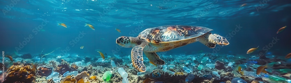 Obraz premium A turtle swimming in the ocean with fish swimming around it