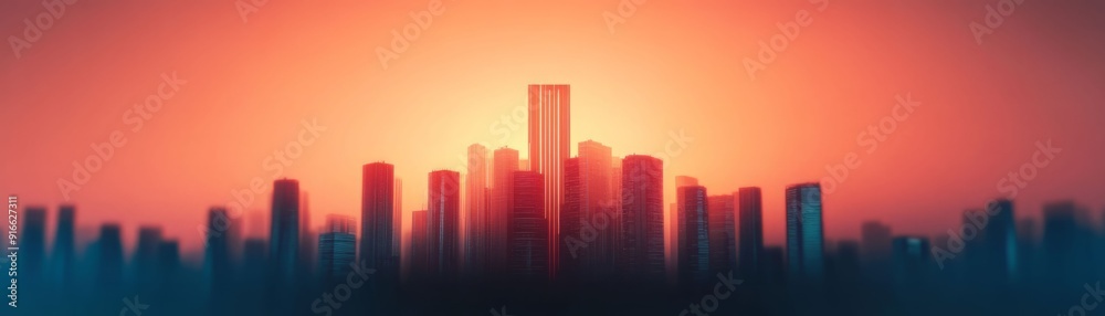 A stunning city skyline at sunset, showcasing silhouettes of skyscrapers against a vibrant orange and blue sky.