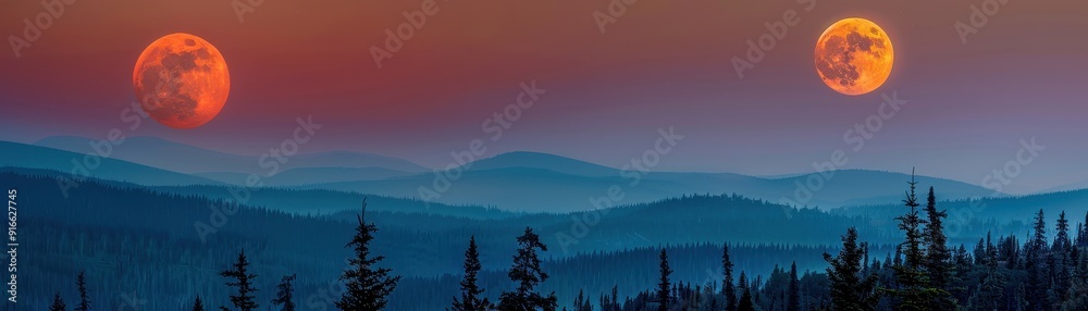 Obraz premium Two large red moons are in the sky above a mountain range