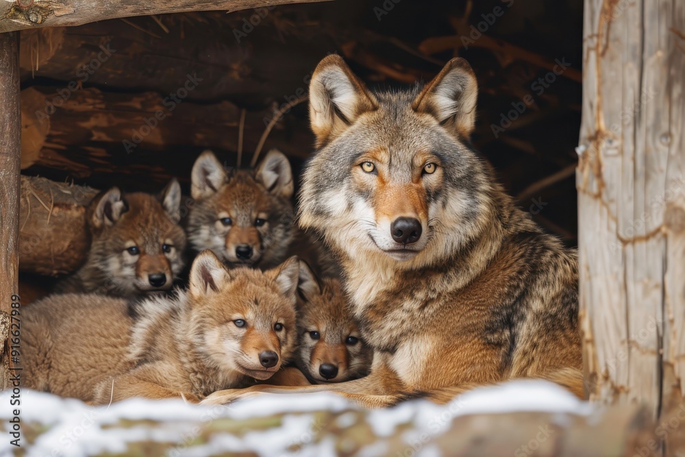 Fototapeta premium A mother wolf and her six pups are huddled together in a den